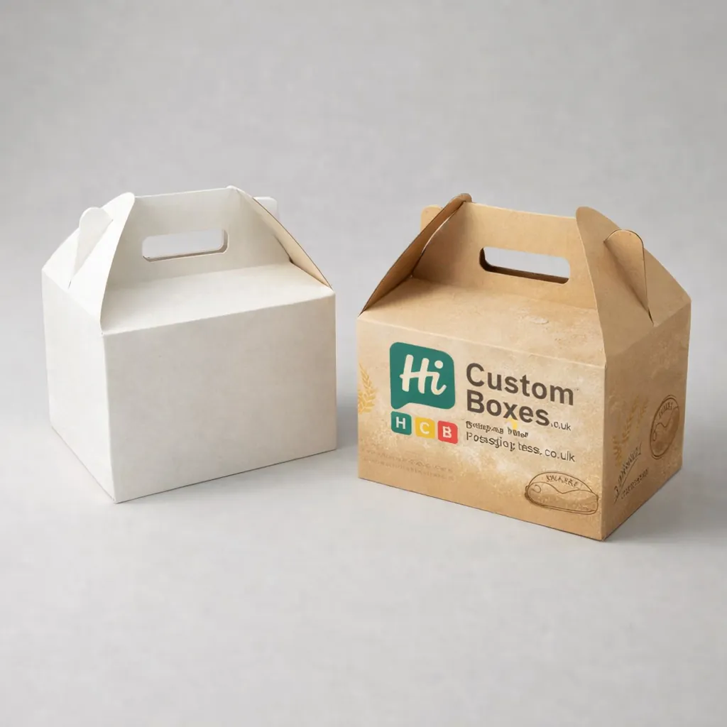 A white and a branded brown gable box designed for bread with a built-in carrying handle. class=